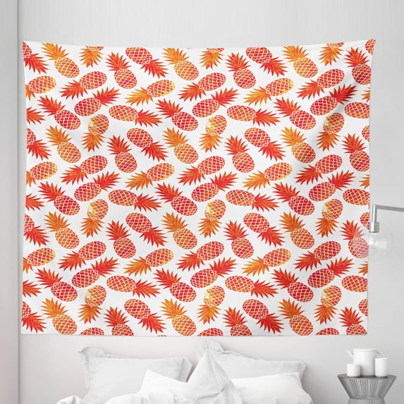 Orange Tapestry, Vintage Pattern of Tropical Exotic Climate Fruits Pineapples Hawaii Summer Design, Fabric Wall Hanging Decor for Bedroom Living Room Dorm, 5 Sizes, Orange White, by Ambesonne