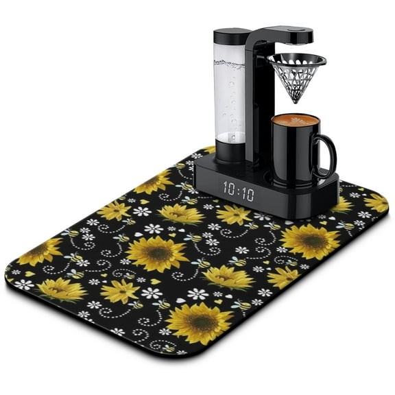 Washable Rubber Sunflower Cute Floral Dish Drying Mats for Kitchen Counter Home Large Coffee Bar Pad Accessories and Decor for Utensils Stemware 19.5''x12''