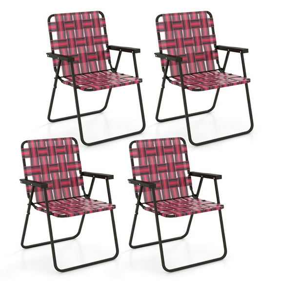 YYAo Lounge Chair, Folding Patio Recliner, 4 Pieces Folding Beach Chair Camping Lawn Webbing Chair-Red