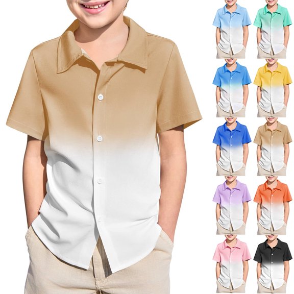Bigetiay Boys Button Down Shirts Short Sleeve Gradient Top Kids Summer Casual Beach Wear 11-12 Years