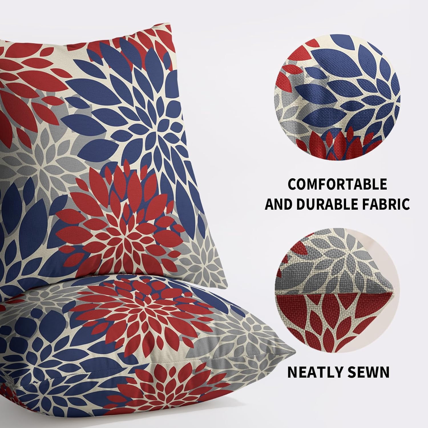 Doitely Set Of 2 Floral Pillow Covers 12x20 Inch – Red Navy Blue Grey Dahlia, Linen Blend, Zipper - View #6