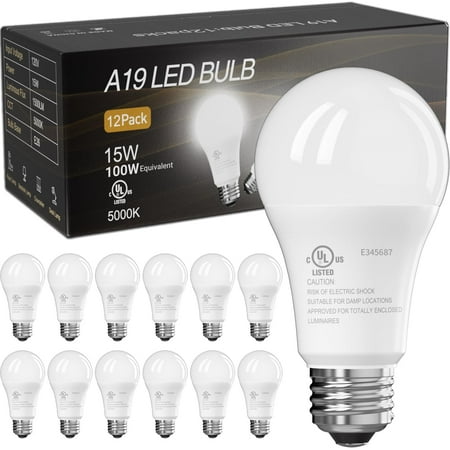 12 Pack LED Light Bulbs, 100 Watt Equivalent A19, 5000K Daylight LED Bulb, 15W Bright White Energy Saving Lightbulbs with E26 Standard Base, 1500 Lumens Non Dimmable Lamp for Home Bedroom Indoor
