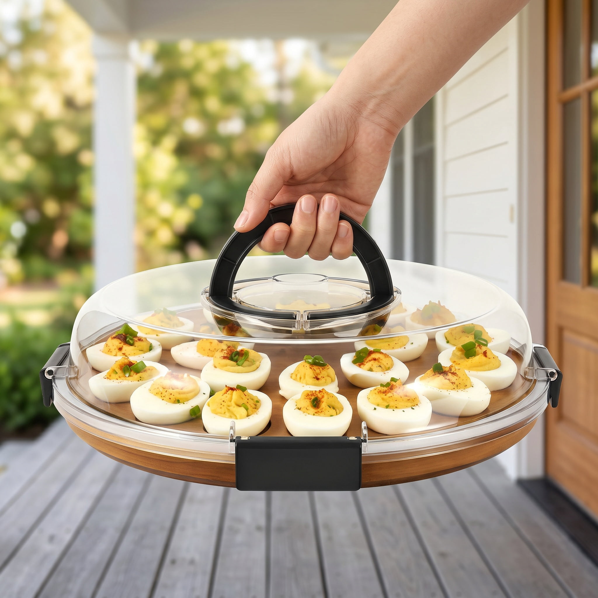 Wuxiuli Acacia Wood Reversible Deviled Egg Platter with Lid 24 Slots 1pack