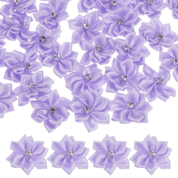 Uxcell 100-Pack Satin Ribbon Flowers, 1.2 Inch Mini Fabric Flowers with Rhinestones for Crafts and DIY Projects Light Purple