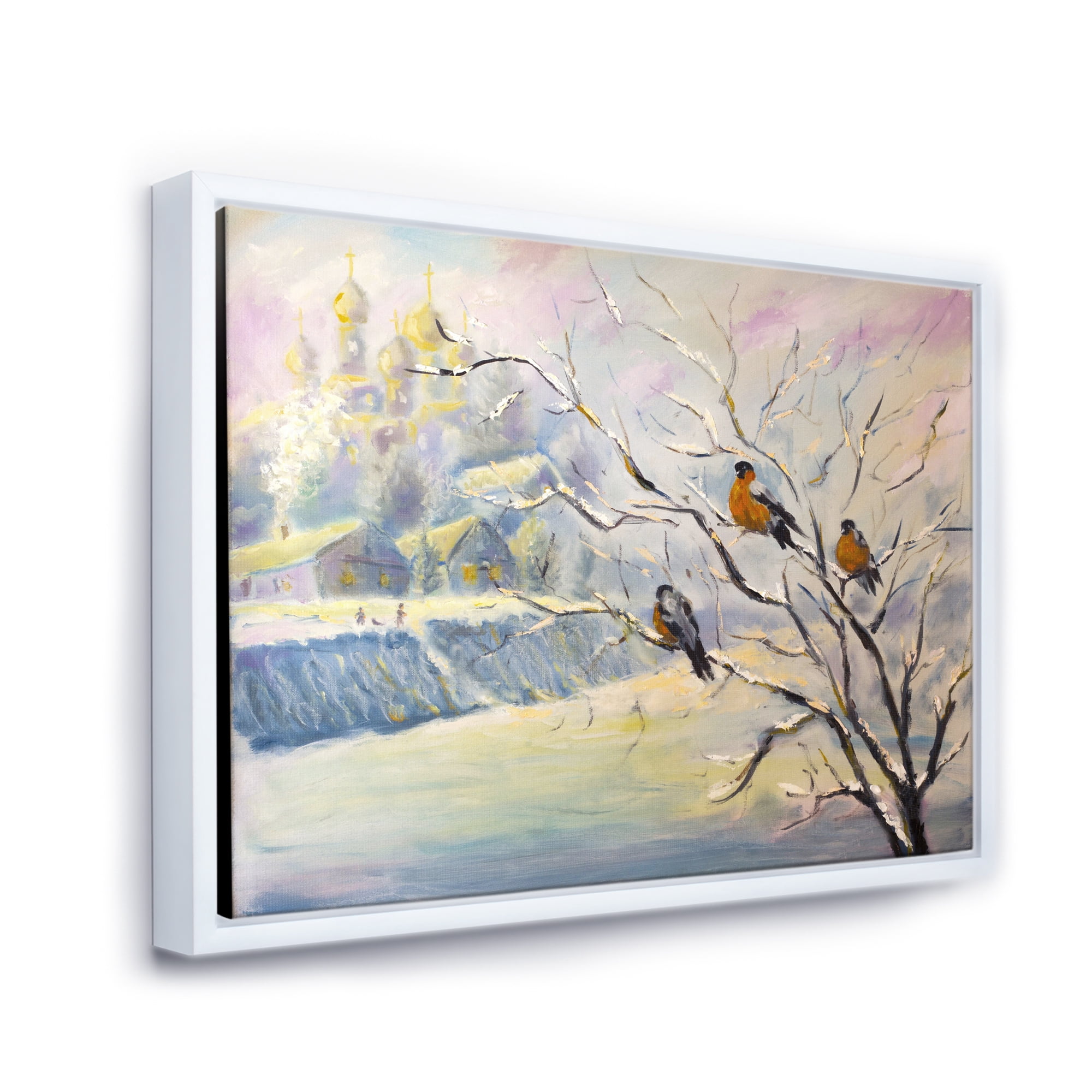 Designart 'Rustic Birds Sitting On A Tree In Winter Village' Farmhouse Framed Canvas Wall Art Print