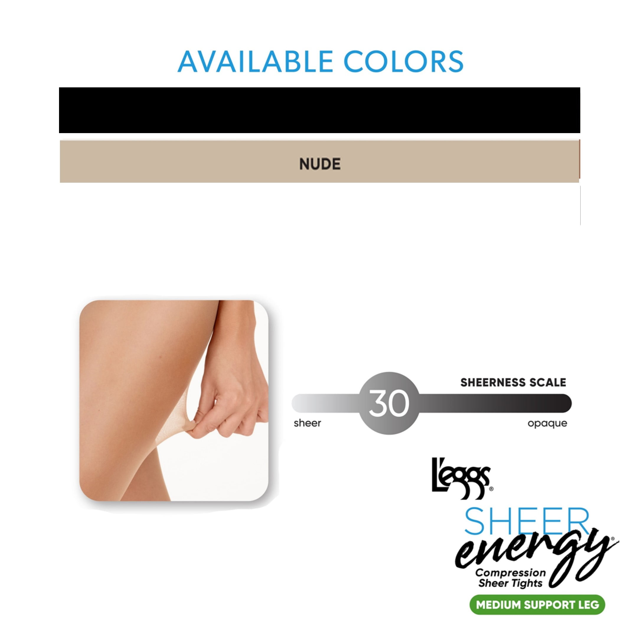 L'eggs Women's Sheer Energy Medium Leg Support Sheer Tights Control Top No-Roll Waistband Sheer Toe, 2 Pair