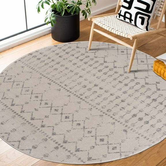 Hauteloom Tigris Moroccan Trellis Farmhouse Living Room Bedroom Round Under Table Area Rug - Vintage Distressed - Bohemian Geometric - Beige, Ivory, Gray - 6'7" Circle