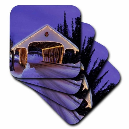 

3dRose Christmas Lit Covered Bridge - Soft Coasters set of 4