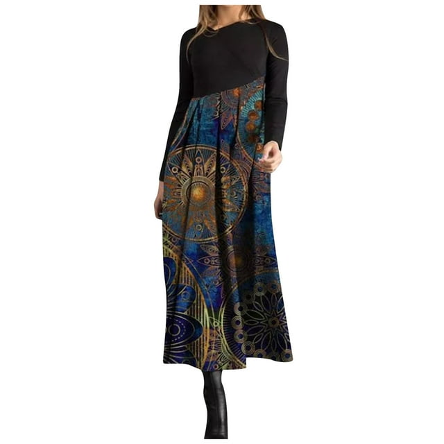 Pompotops Robe Longue Décontractée Automne et Hiver à Manches Longues Imprimée Bohème, Robes d'Automne pour Femmes