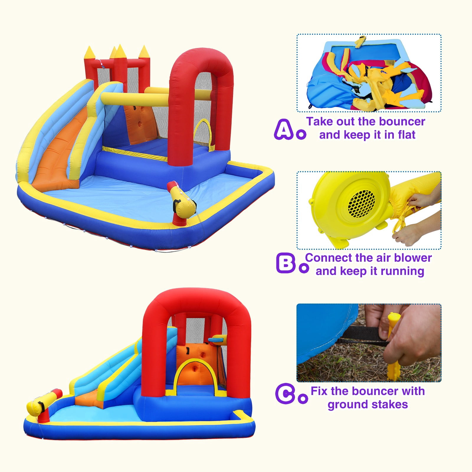 Classic Inflatable Water Slide Bouncer House Jumping Castle Playhouse with Splash Pool,Climbing Wall,Trampoline,Basketball Hoop,Air Blower,Backyard Outdoor Playground Fun