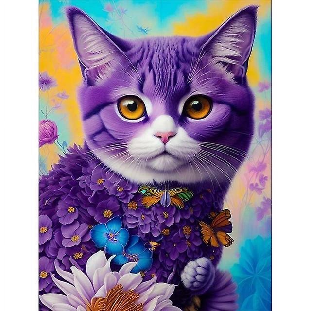 Full Diamond Mosaic Purple Flowers Cat Diamond Painting Cross Stitch Kits Animal Embroidery Square Round Drill Rhinestone S977