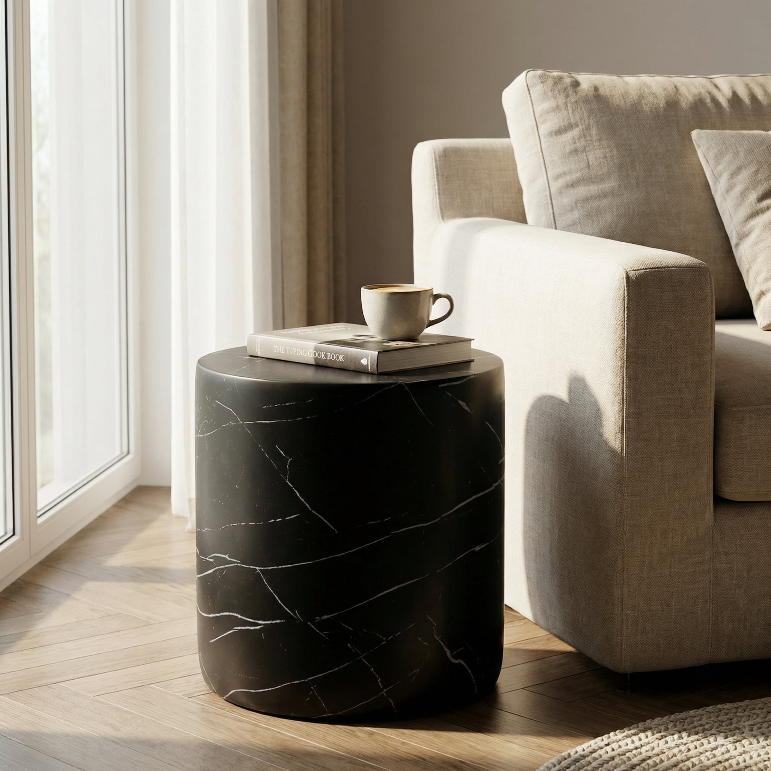 Side End Table, Outdoor Lightweight Concrete Table for Patio Balcony Garden, Black Marble