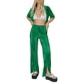 thumbnail image 1 of Qmyliery Summer Ladies Leisure Suit, Women Solid Color Lapel Short Sleeve Single-breasted Shirt Tops + High Waist Split Long Pants,S/M/L, 1 of 5