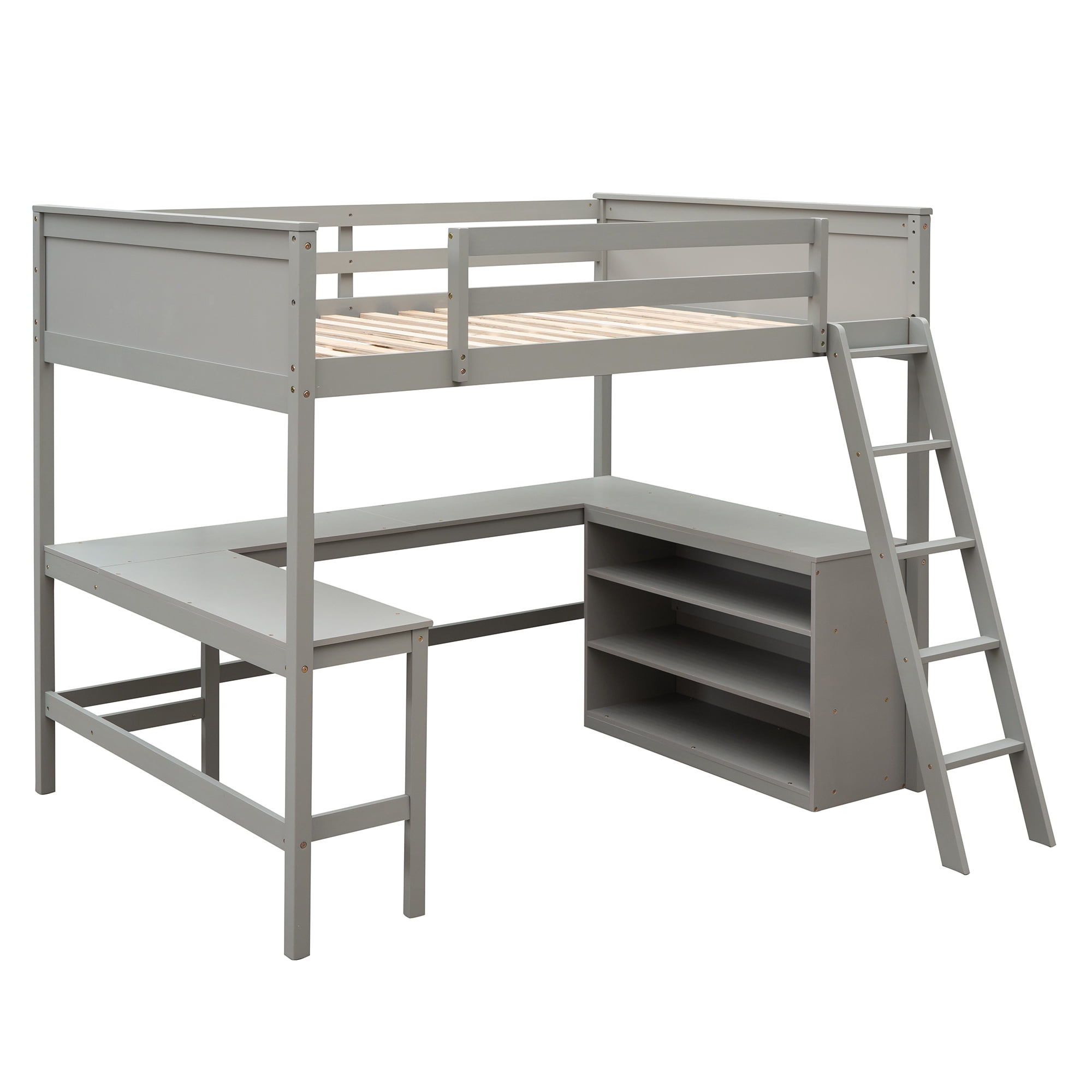 Aukfa Full Size Loft Bed with Desk and Shelves, Solid Wood Platform Loft Bed for Kids Teens Dorm - Gray