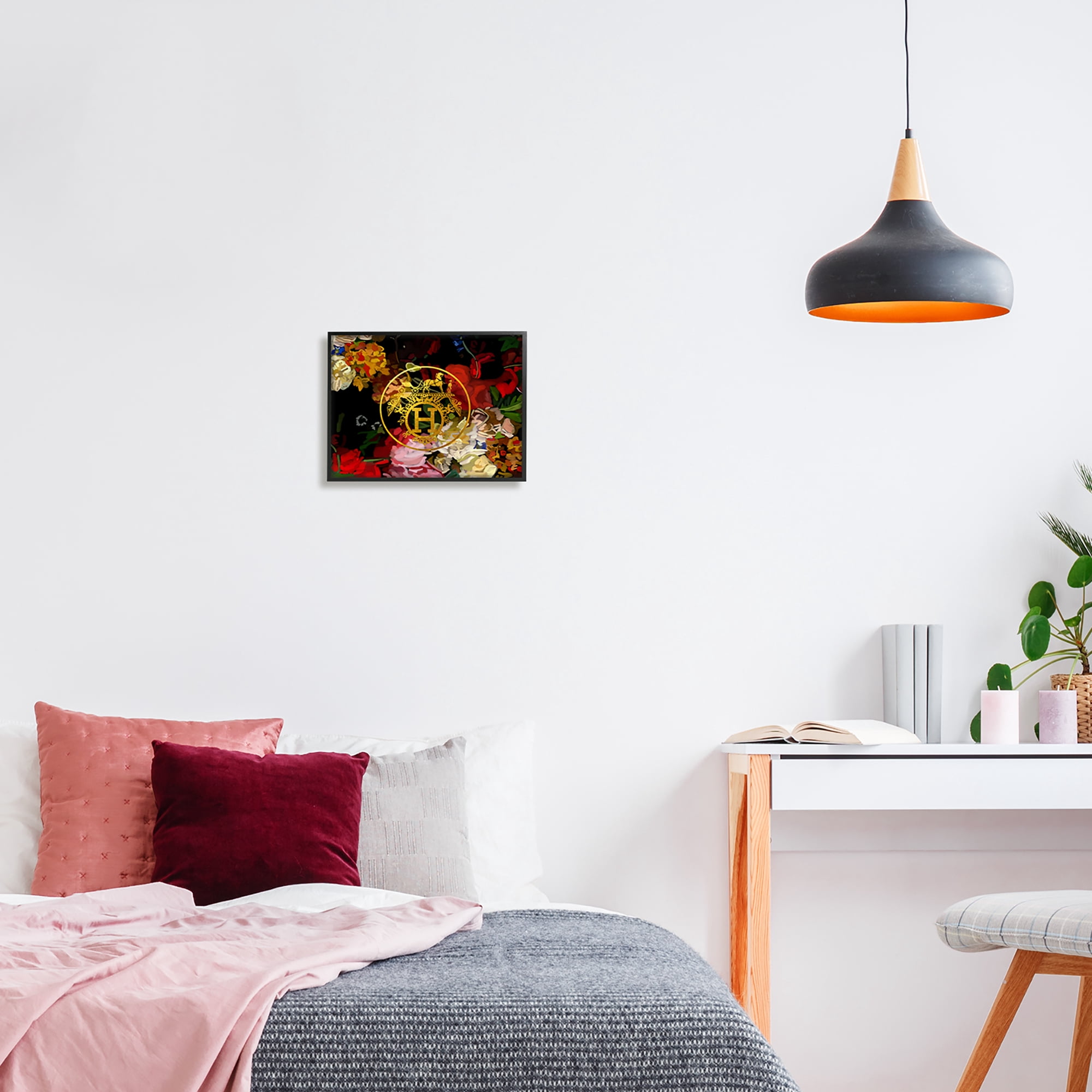 Stupell Industries Glam Emblem Flowers Botanical & Floral Painting Black Framed Art Print Wall Art, 14 x 11