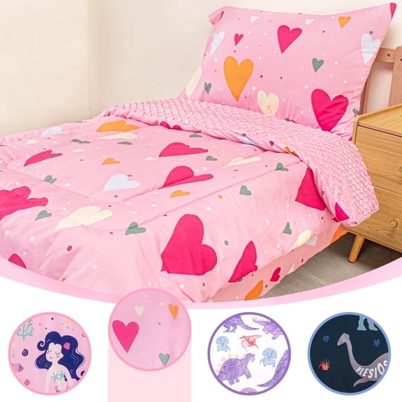 Beavtaens 4 Piece Toddler Bedding Set, Breathable and Soft Baby Sheet Set, Includes Quilted Comforter, Flat Sheet, Fitted Sheet and Pillowcase for Girls (Hearts)