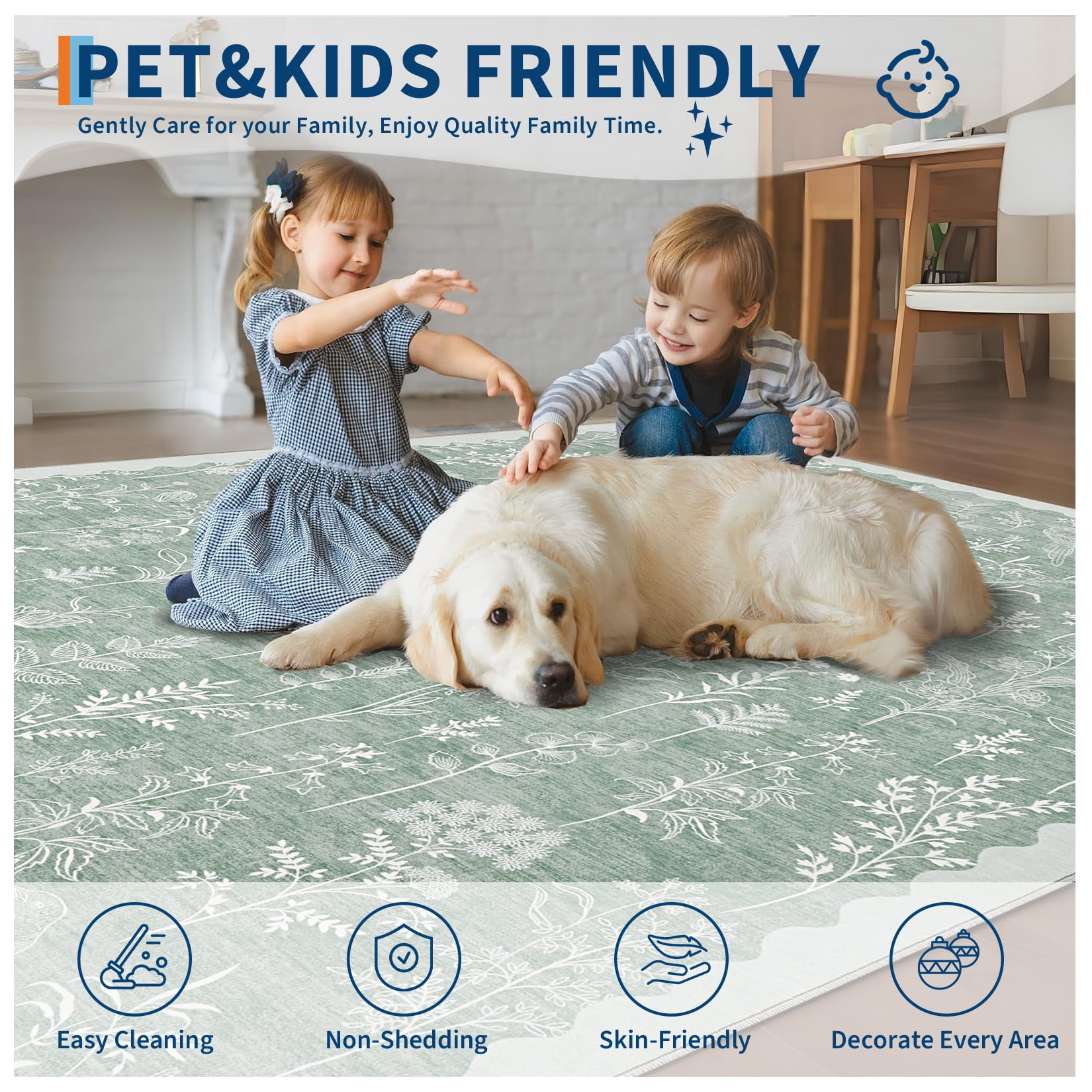FairOnly Light Green 2'x 6'Washable Runner Rugs for Kitchen Modern Flower Low Pile Bordered Print Rug for Entrance Hallway
