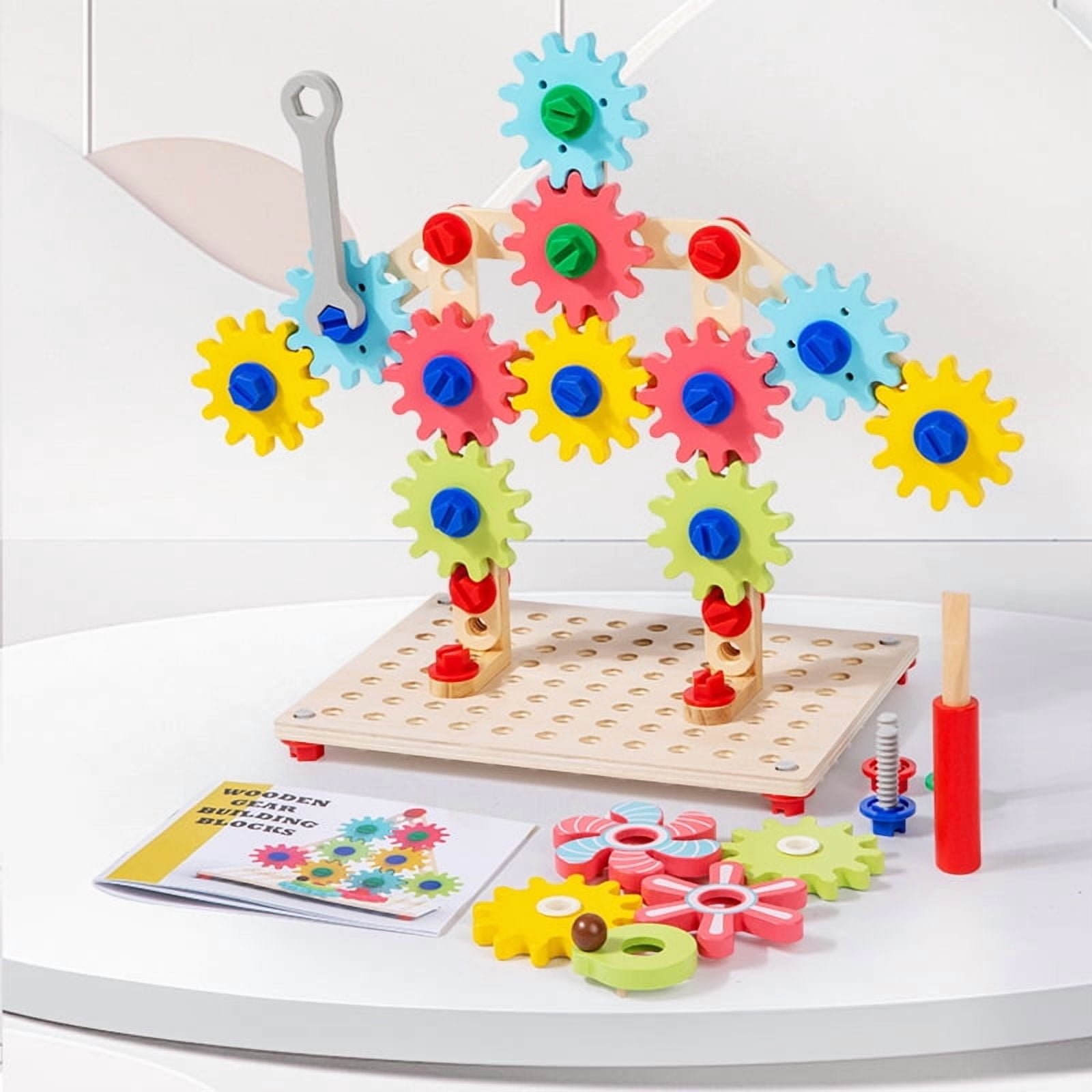 Wooden Nut & Gear Building Blocks, 3D Puzzle Assembly STEM Toy for Kids, Learning Tools Imagination, Birthday Christmas Gift, with Wrench