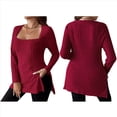 thumbnail image 3 of Camisas de Larga para Mujer, Blusas Casuales Modernas con Cuello Cuadrado, Suéteres Ligeros. Vino Tinto XXL, 3 of 7