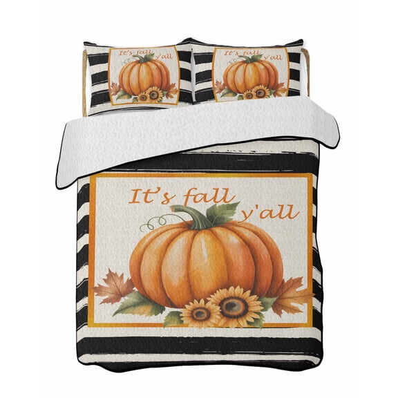 Full Size Quilt Bedding Set, Orange Pumpkins Fall Reversible Summer Quilt 3 Pieces, Thanksgiving Botanical Striped Farmhouse Lightweight Bedspreads Coverlets with 2 Pillow Shams for All Seasons
