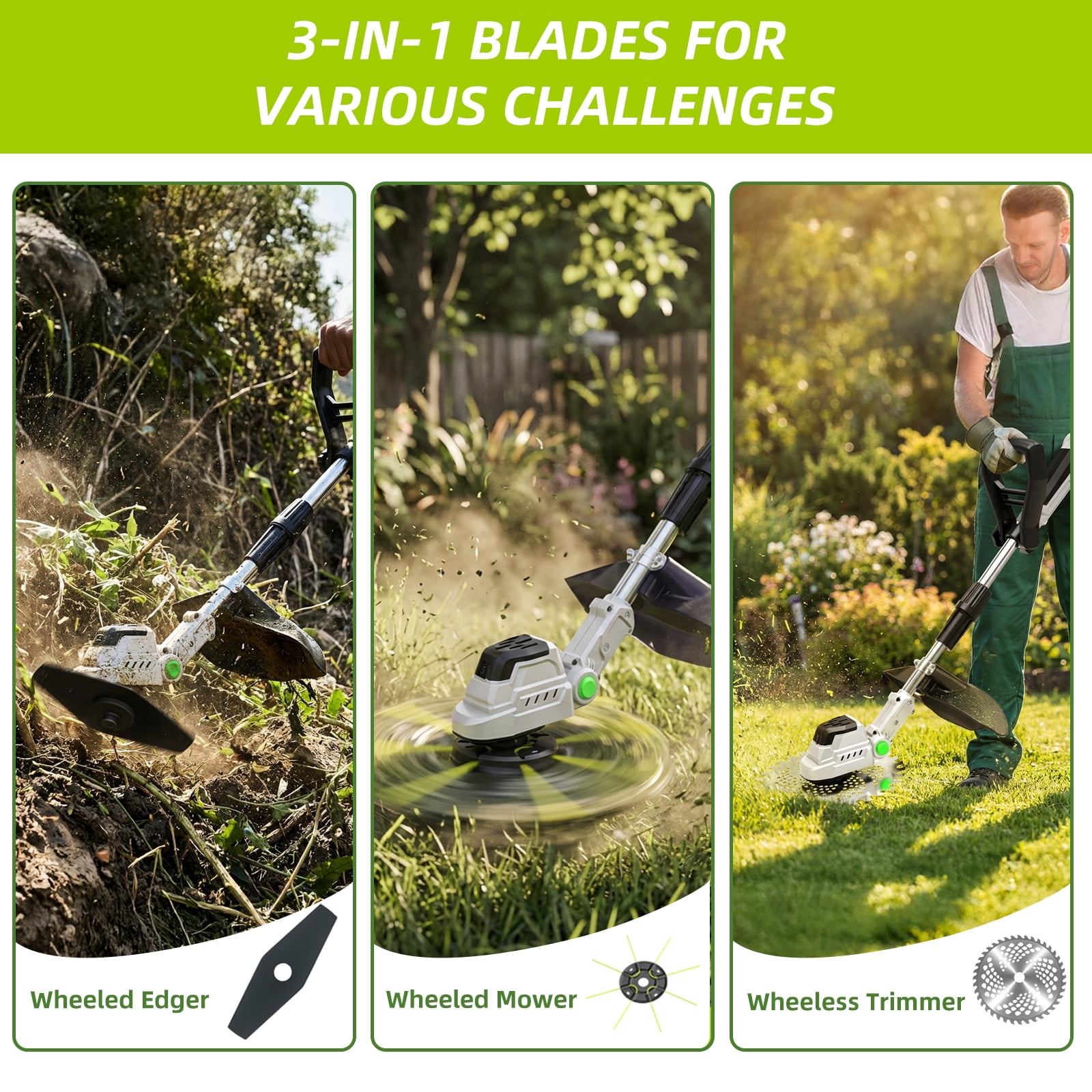 G · PEH 21V Cordless Brushless Weed Wacker - 9" Electric String Trimmer with 2 Batteries & 5 Cutting Blades