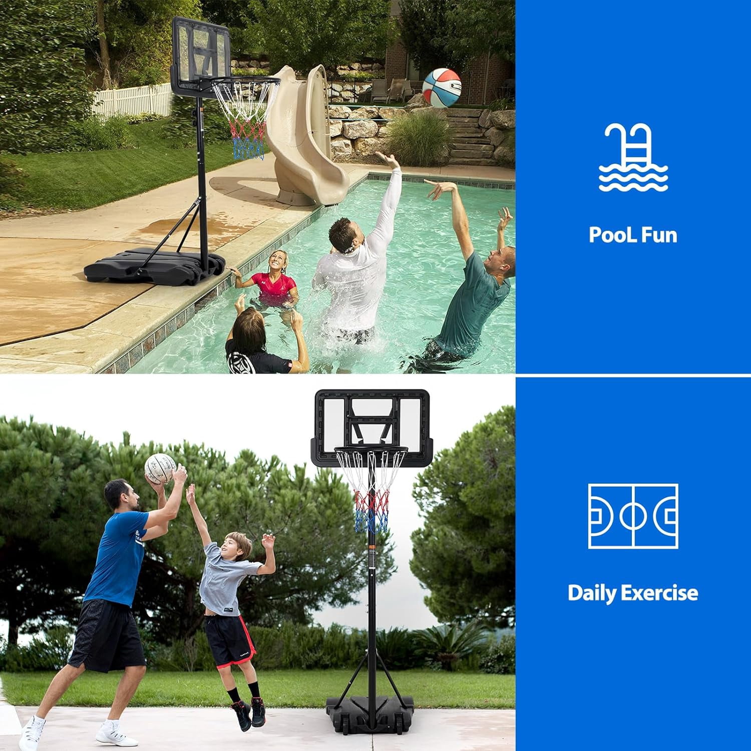 Lumiparty Kids Portable Basketball Hoop, Adjustable Height 5-7 FT, 28" Poolside Swimming Basketball Goal, for Indoor Outdoor, Black