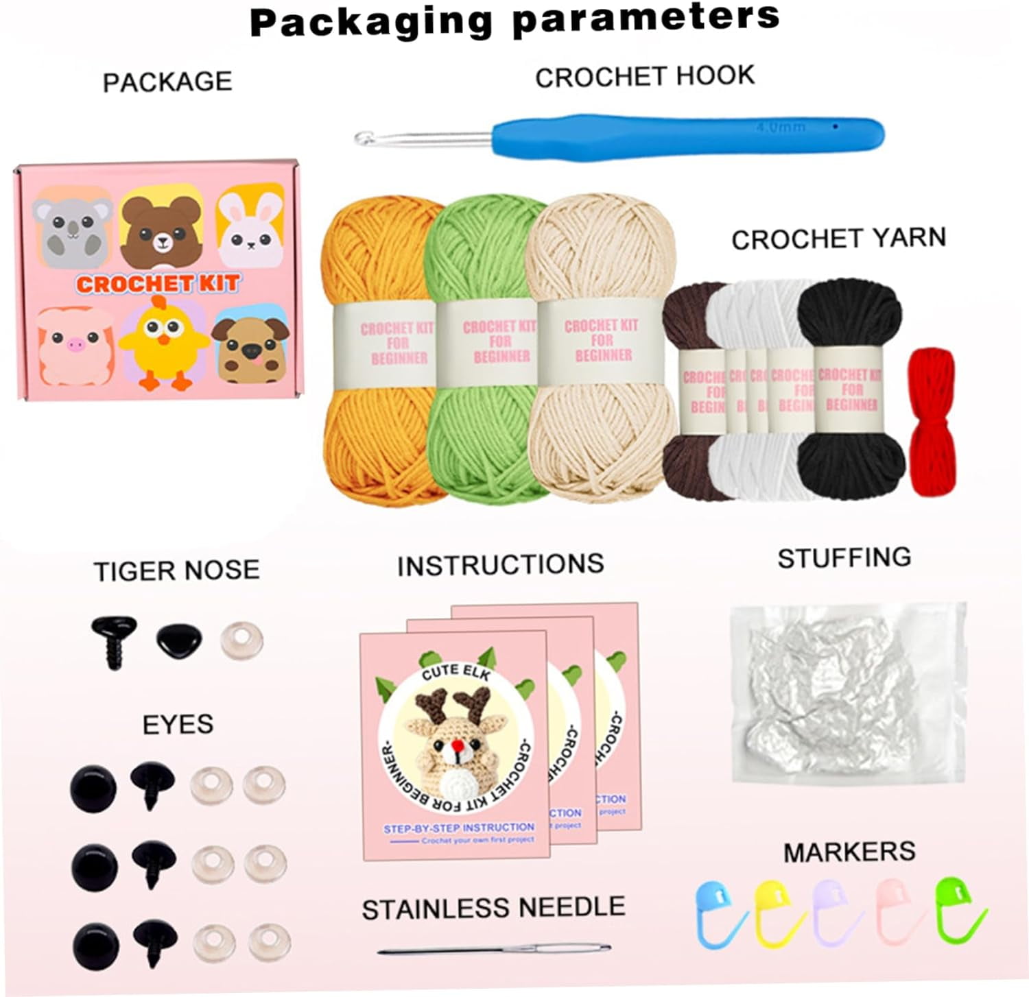 Wewean Wobbles Crochet Animal Kit 3 Pack Elk/Tiger/Frog Crochet Starter Kit with Step-by-Step Video Crochet for Kids Adults Beginner I983