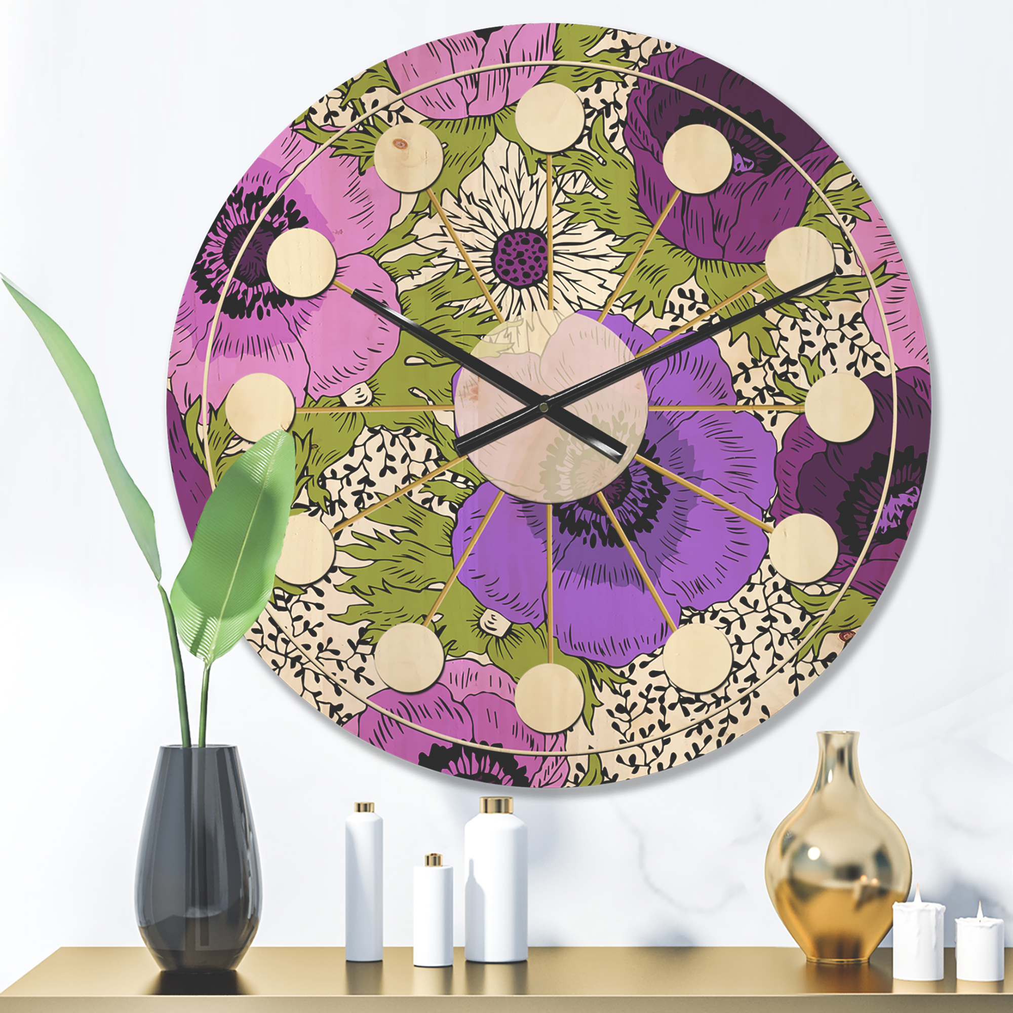 Designart 'Purple Fantasy Flowers Retro Pattern' Mid-Century Modern Wood Wall Clock