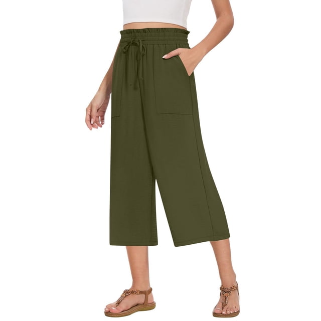 Annhoo Womens Cropped Pants Summer Ruffle Straight Wide Leg Elastic Waisted Drawstring Casual Trousers with Pockets