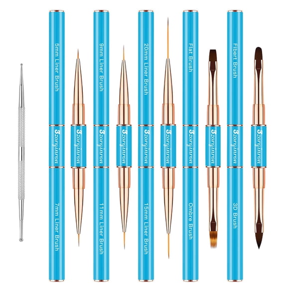 Juego de arbustos para decoración de uñas, kit profesional de 5 cepillos de uñas de doble punta para detalles, líneas largas, degradado y diseño 3D, perfecto para manicuras y salones de bricolaje (azu