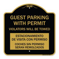 SignMission Designer Sign - Guest Parking with Permit Violators Will Be Towed Estacionamento De Visita Con Permiso Coches Sin Permiso Seran Remolcadoa | Black & Gold 18" X 18" Aluminum