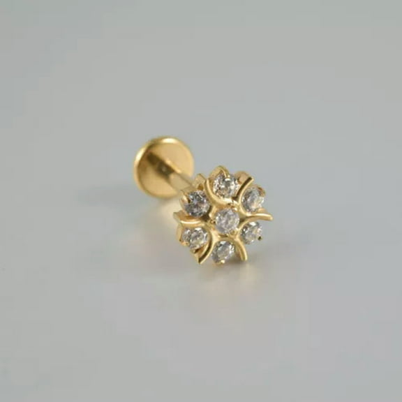 K-KED Titanium Snowflake Studs Zircon Flat Back Labret Monroe Helix Earrings Piercing-Gold-16 g (1.2 mm)-8 mm