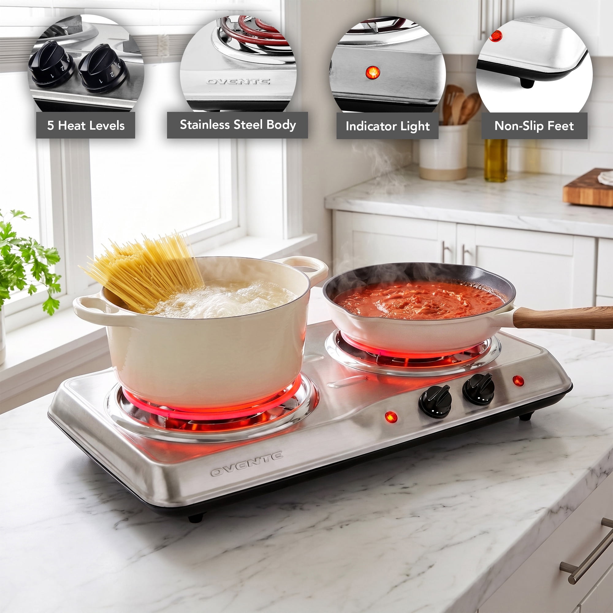 OVENTE Electric Double Burner, 1700W Coil Hot Plate, Silver BGC102S | 6" & 5.75" Portable Countertop Cooktop, Stainless Steel, 5-Level Temperature Control, Indicator Light, Easy-to-Clean, Compact