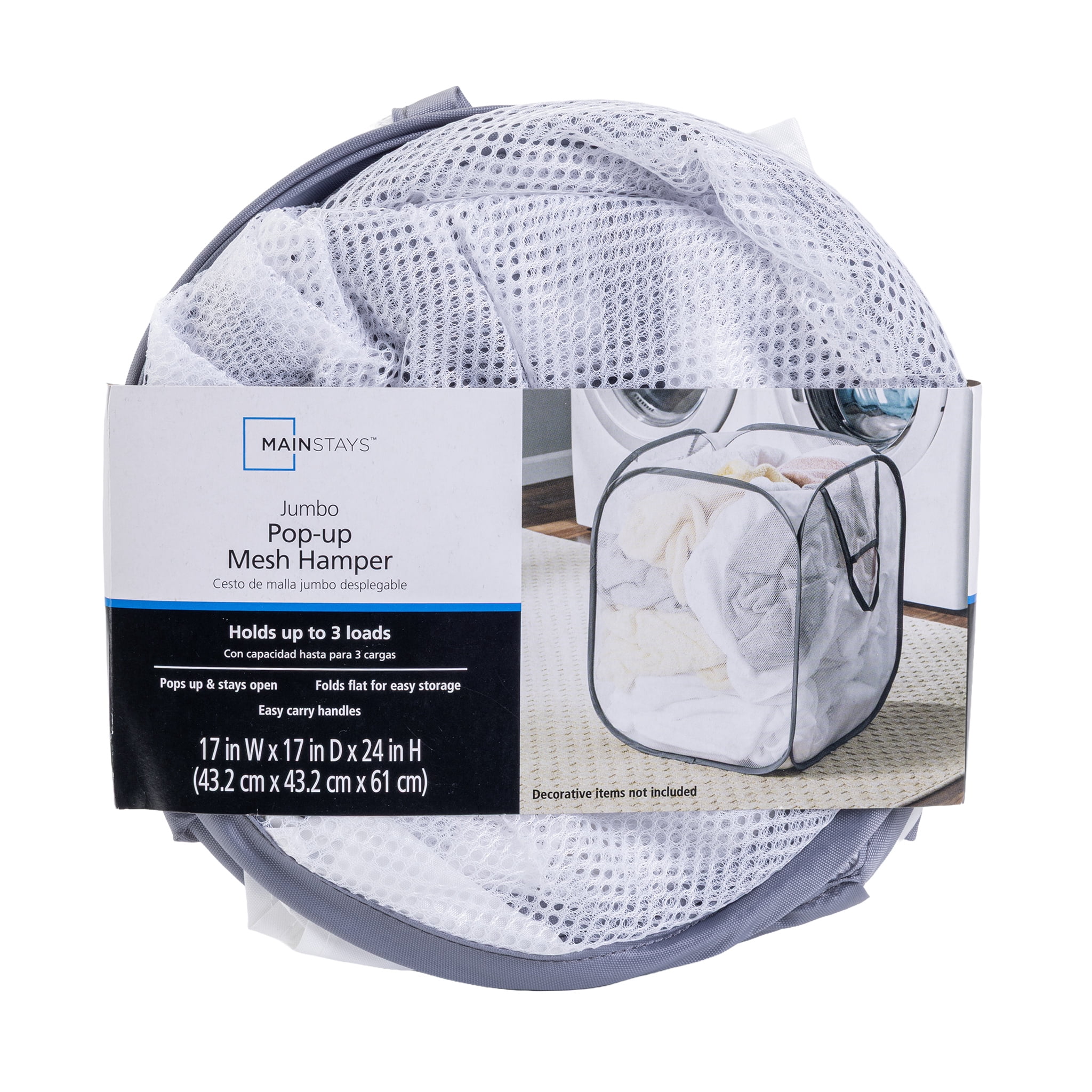 Mainstays Jumbo Mesh Pop-Up Laundry Hamper, White with Grey Trim