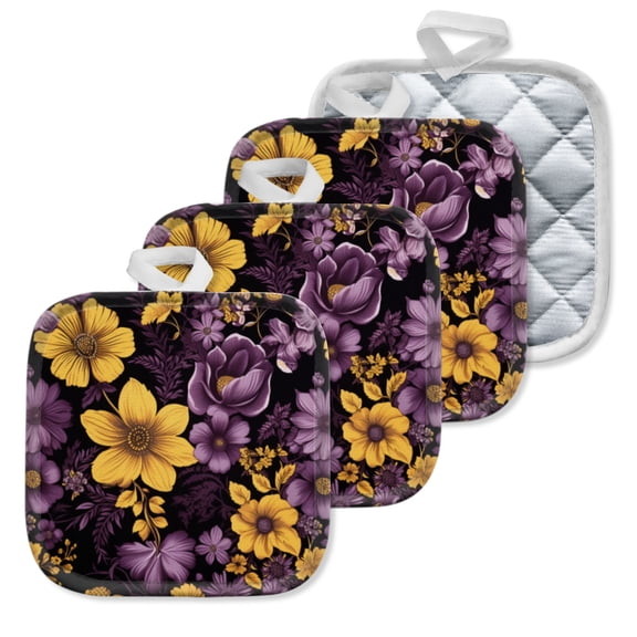 4 Pack Pot Holders,Kitchen Essential, Potholder Set,Yellow And Purple Flowers Pattern On A Black Background