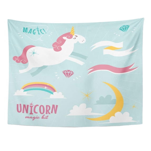 UFAEZU Pink Rainbow Cute Unicorn Moon Clouds and Ribbons Yellow Fairytale Wall Art Hanging Tapestry Home Decor for Living Room Bedroom Dorm 60x80 inch