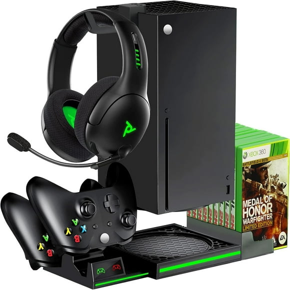 Soporte de refrigeración para Xbox Series X: estación de carga para dos mandos con dos baterías recargables, 10 ranuras para juegos y soporte para auriculares