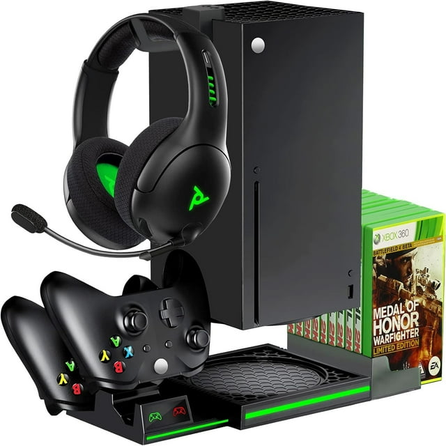 Support de Refroidissement pour Xbox Series X - Station de Recharge Double pour Manettes avec 2 Blocs-Piles Rechargeables, 10 Emplacements de Jeu et Support pour Écouteurs