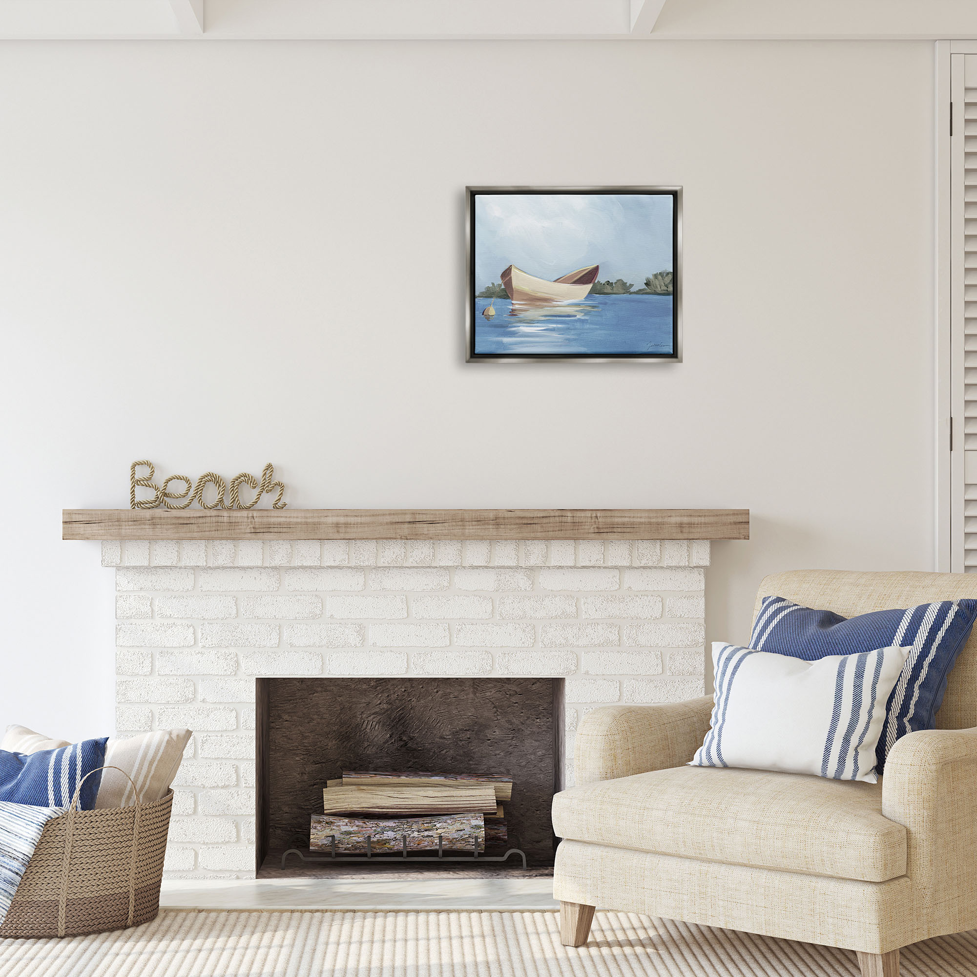 Stupell Industries Boat Floating on Lake Transportation Painting Gray Floater Framed Art Print Wall Art, 21 x 17