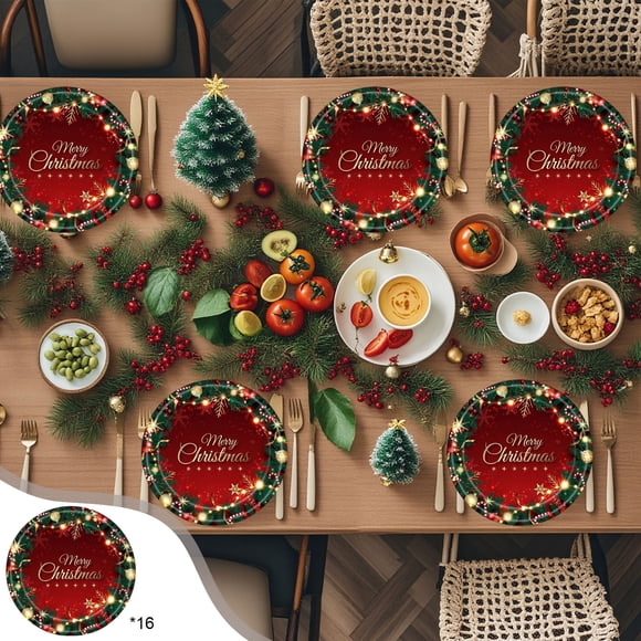 Oioii Christmas Party Supplies, Wreath Party Decorations, Christmas Paper Plates and Napkins Sets, Disposable Plates, Cups, Napkins, Tableware Set
