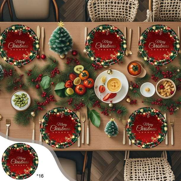Platos de Papel Navideños, Artículos Desechables para Fiestas: 16 Platos, 16 Vasos, 20 Servilletas, 1 Mantel. Ideal para Decoración Navideña.