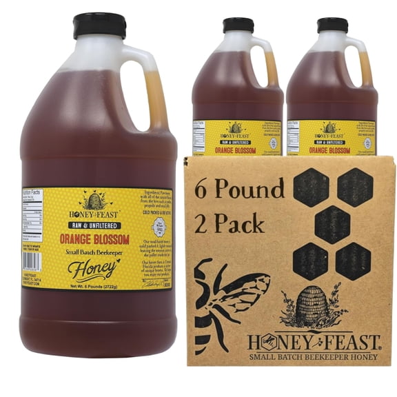 HONEY FEAST 1 Gallon Raw Orange Blossom Honey - 6 Pounds (Pack of 2) , All Natural, Unfiltered, Unheated, Perfect for Sweetening & Baking