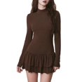 thumbnail image 1 of Women'S Fall Long Sleeve Dresses Mock Neck Ruched Y2K Clothes Ruffle Layered Bodycon Mini Party Dress Brown L, 1 of 9