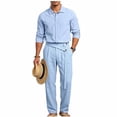 thumbnail image 2 of VBTAPA Business Casual Outfits for Men Cotton Linen 2 Piece Set Long Sleeve Button Down Shirts and Pants Set Office Work Suit with Pockets Light Blue S, 2 of 9