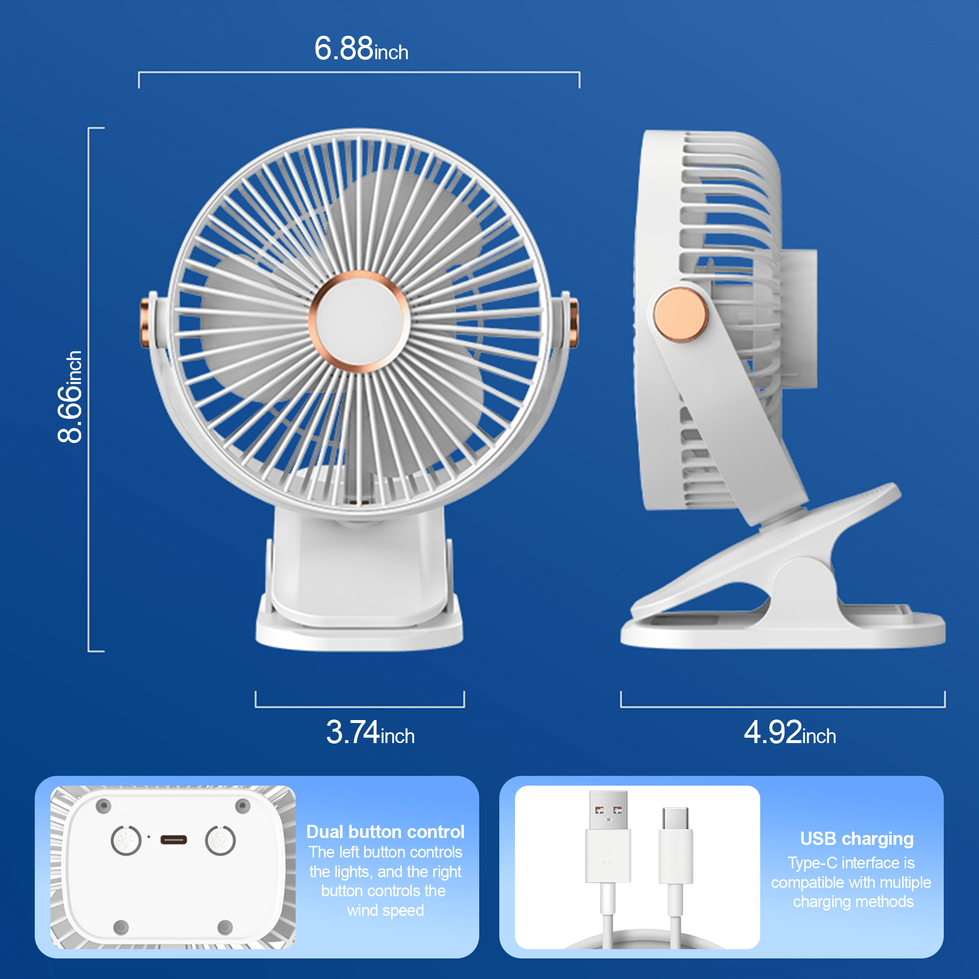 Portable Fan, Portable Clip on Fan, USB Rechargeable Desk Fan, 5 Speed, 720 adjustment, Strong Airflow, 6 inch Mini Personal Cooling for Desk Home Office Outdoor Travel Camping, White