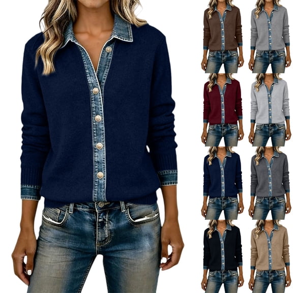 WHEANG Cardigan Sweaters for Women Collar Knit Cardigan Button Down Casual Open Front Sweater Long Sleeve Lightweight Womens Tops Blue S