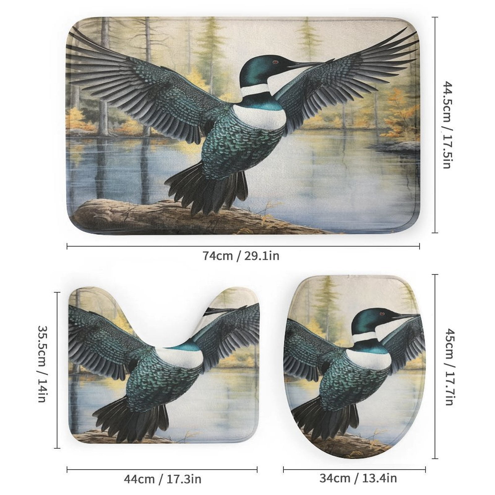 Loon Flexing His Wings 4 Pcs Shower Curtain Sets with Non-Slip Rugs Toilet Lid Cover And Bath Mat Bathroom Decor Set Loon Nature Bird Lake Water Waterproof Personality Pattern Bath Curtain