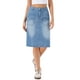 thumbnail image 1 of Falda de mezclilla INSPIRE CHIC para mujeres, casual, de cintura alta, con abertura trasera, falda de jean elástica hasta la rodilla con bolsillos, tamaño S, color azul, 1 of 6