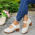 thumbnail image 4 of Rokment Women's Vintage Chunky Block High Heels Mary Jane Dressy Sandals Trendy Casual Hollow out Leather Closed Toe Ankle Strap Ballet Flat Dress Pumps Shoes Summer Fall White Size 9, 4 of 7