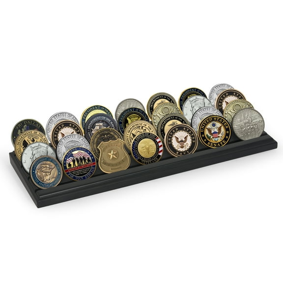 Americanflat Challenge Coin Display with 4 Rows in Black - Military Coin Display Case - Collectible Coin Holder, 12” x 4” Solid Wood